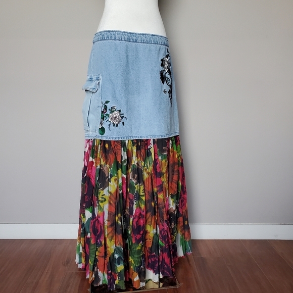 Upcycled H&M X Coachella Boho Cottagecore Embroidered Floral Denim Maxi Skirt - Picture 10 of 14